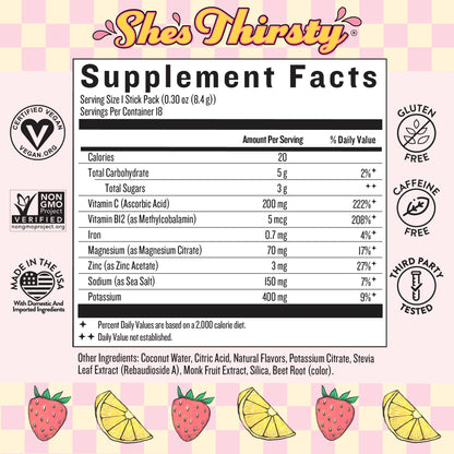 Legendairy Milk She’s Thirsty – Strawberry Lemonade, No Sugar Added Electrolytes Powder Packets–Coconut Water Mix for Women, Instant Hydration Packets, - Maple Wellness Supplements