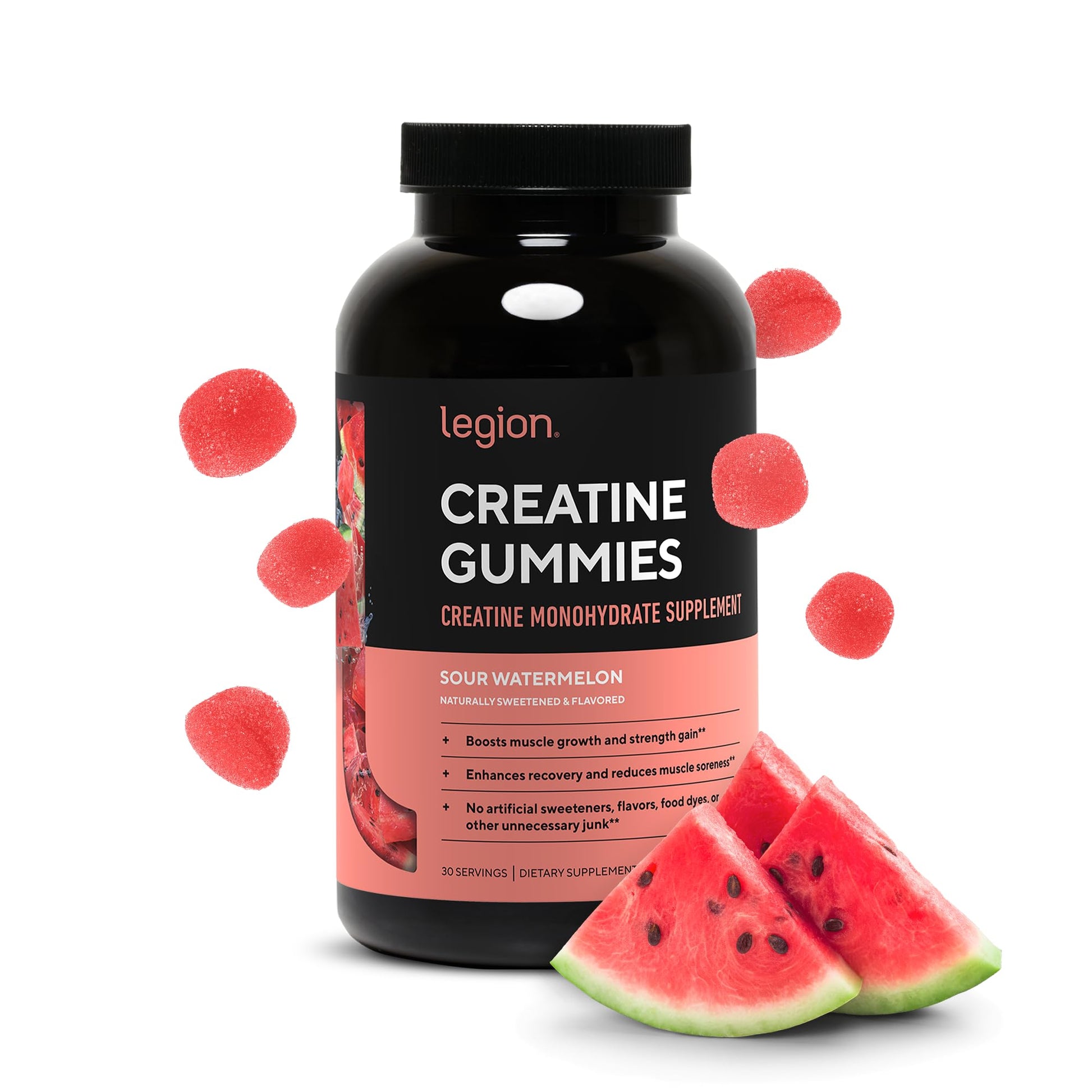 LEGION Creatine Monohydrate Gummies – Clean Chewable Creatine Supplement for Strength, Endurance & Muscle Recovery – 30 Sour Watermelon Flavor Servings - Maple Wellness Supplements