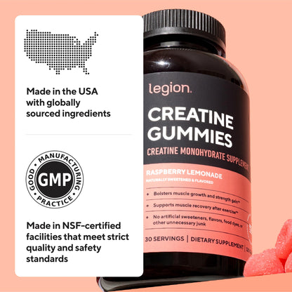 LEGION Creatine Monohydrate Gummies for Men & Women – Clean Chewable Creatine Supplement for Strength, Endurance & Muscle Recovery – 30 Sour Raspberry Lemonade Servings – No Artificial Flavors - Maple Wellness Supplements