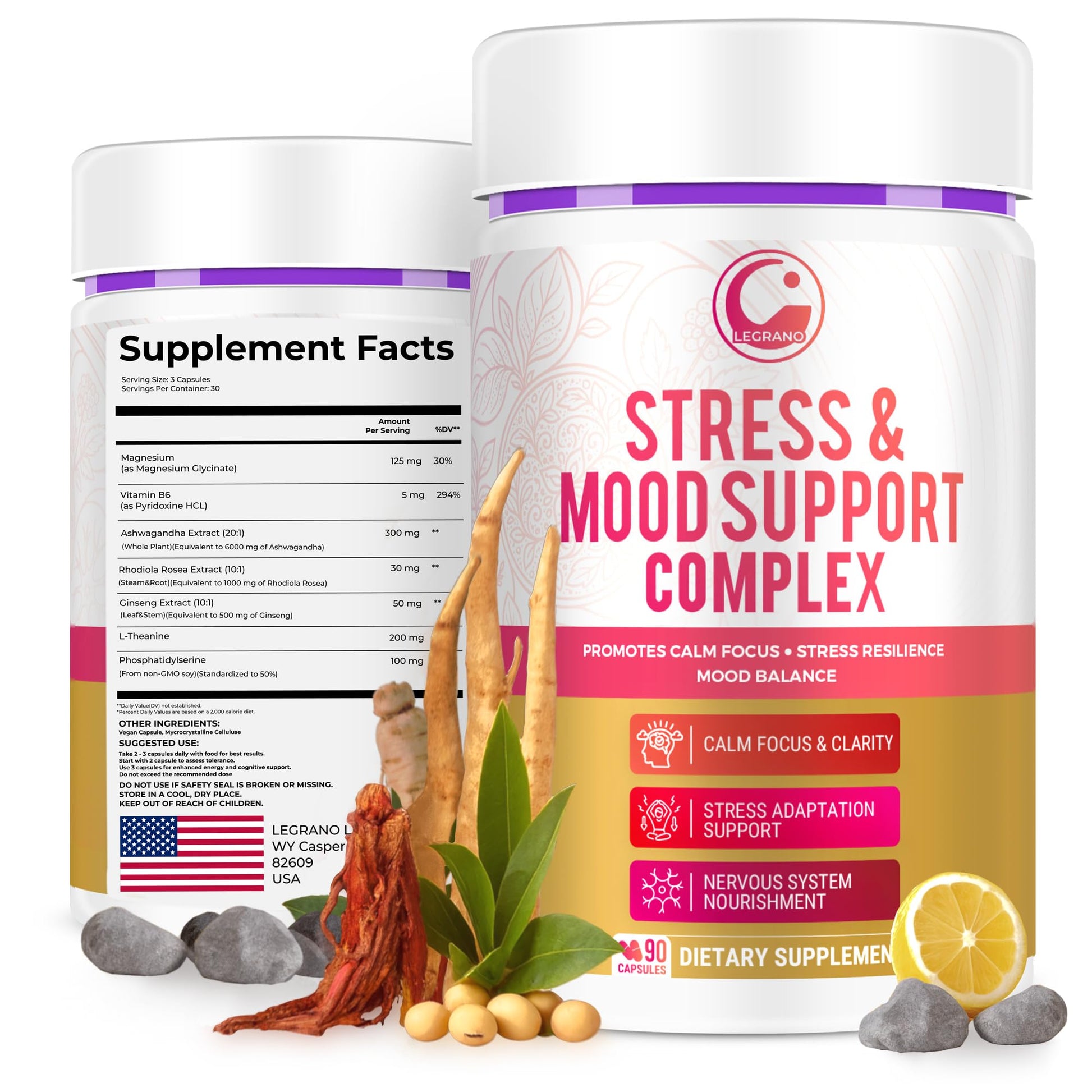 LEGRANO Cortisol Manager Supplements for Women & Men with Ashwagandha, L-Theanine, Magnesium Glycinate, Rhodiola, Ginseng – Cortisol Reducer & Adrenal Support – 90 Capsules – Calm, Focus, Balance - Maple Wellness Supplements