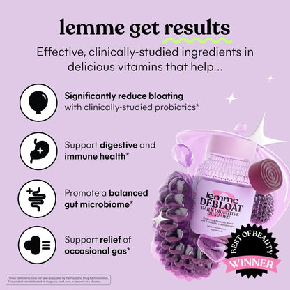 Lemme Debloat - Digestive & Gut Health Gummies with 2 Clinically Studied Probiotics & Prebiotic, Vegetarian, Gluten Free, Non GMO, BlackBerry Flavor (60 Count) - Maple Wellness Supplements