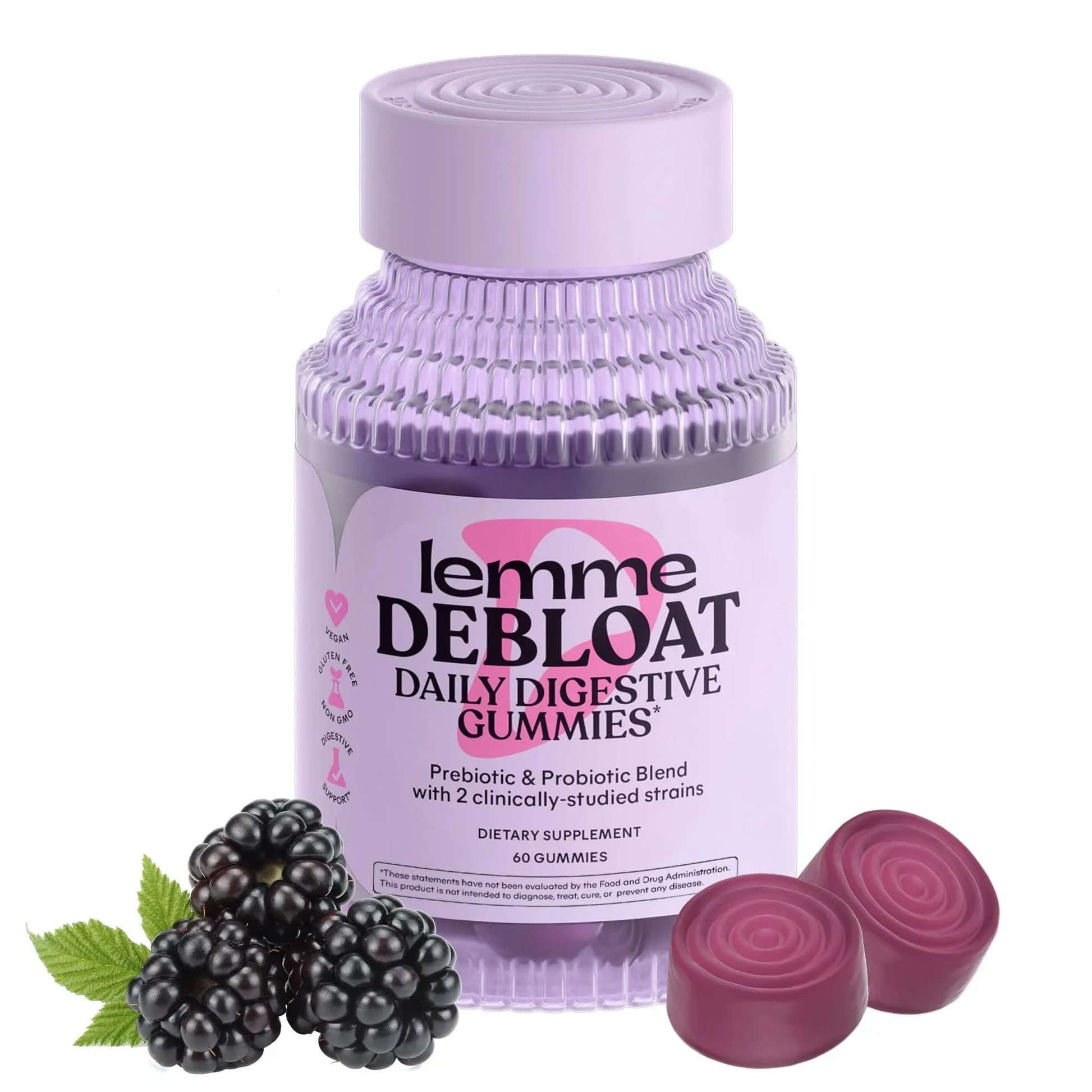 Lemme Debloat - Digestive & Gut Health Gummies with 2 Clinically Studied Probiotics & Prebiotic, Vegetarian, Gluten Free, Non GMO, BlackBerry Flavor (60 Count) - Maple Wellness Supplements