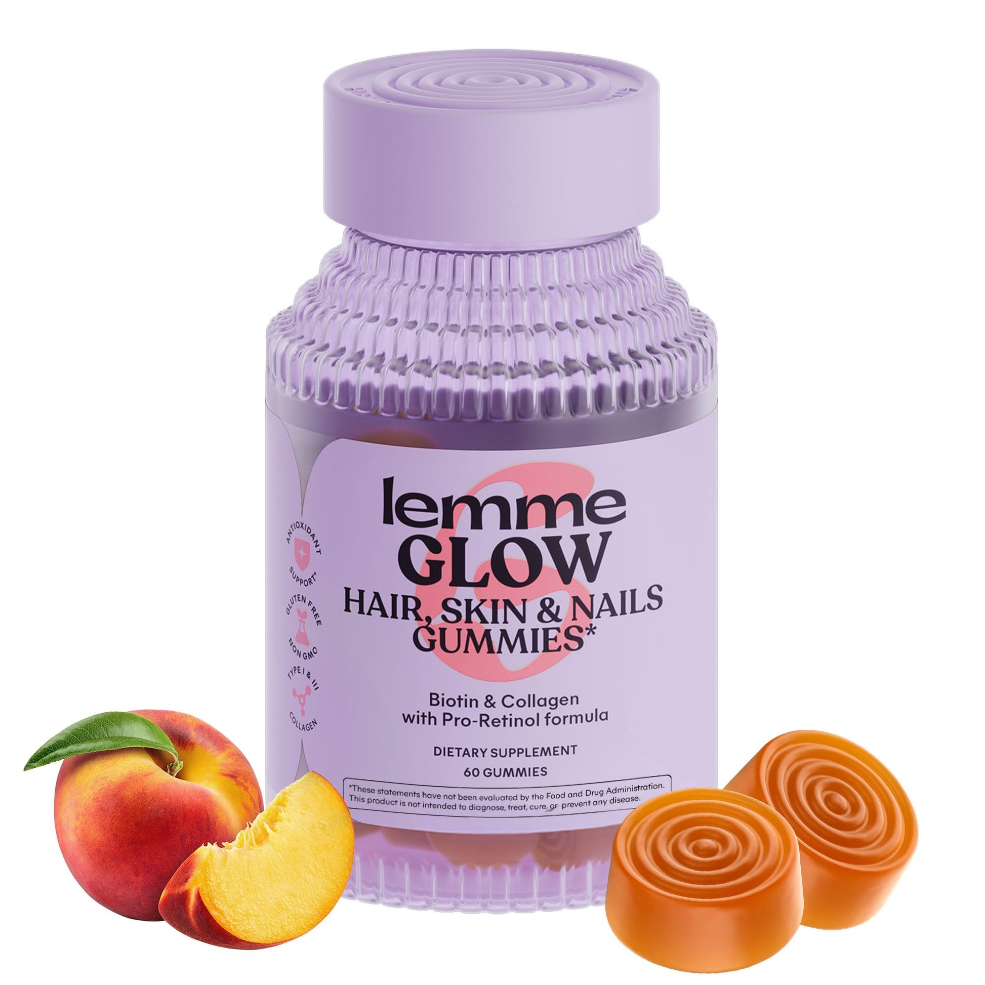 Lemme Glow Collagen Gummies for Thick Hair, Strong Nails & Healthy Skin with Multi-Collagen Peptides, Biotin, Trace Minerals, Zinc, Vitamins A, C & E - Maple Wellness Supplements