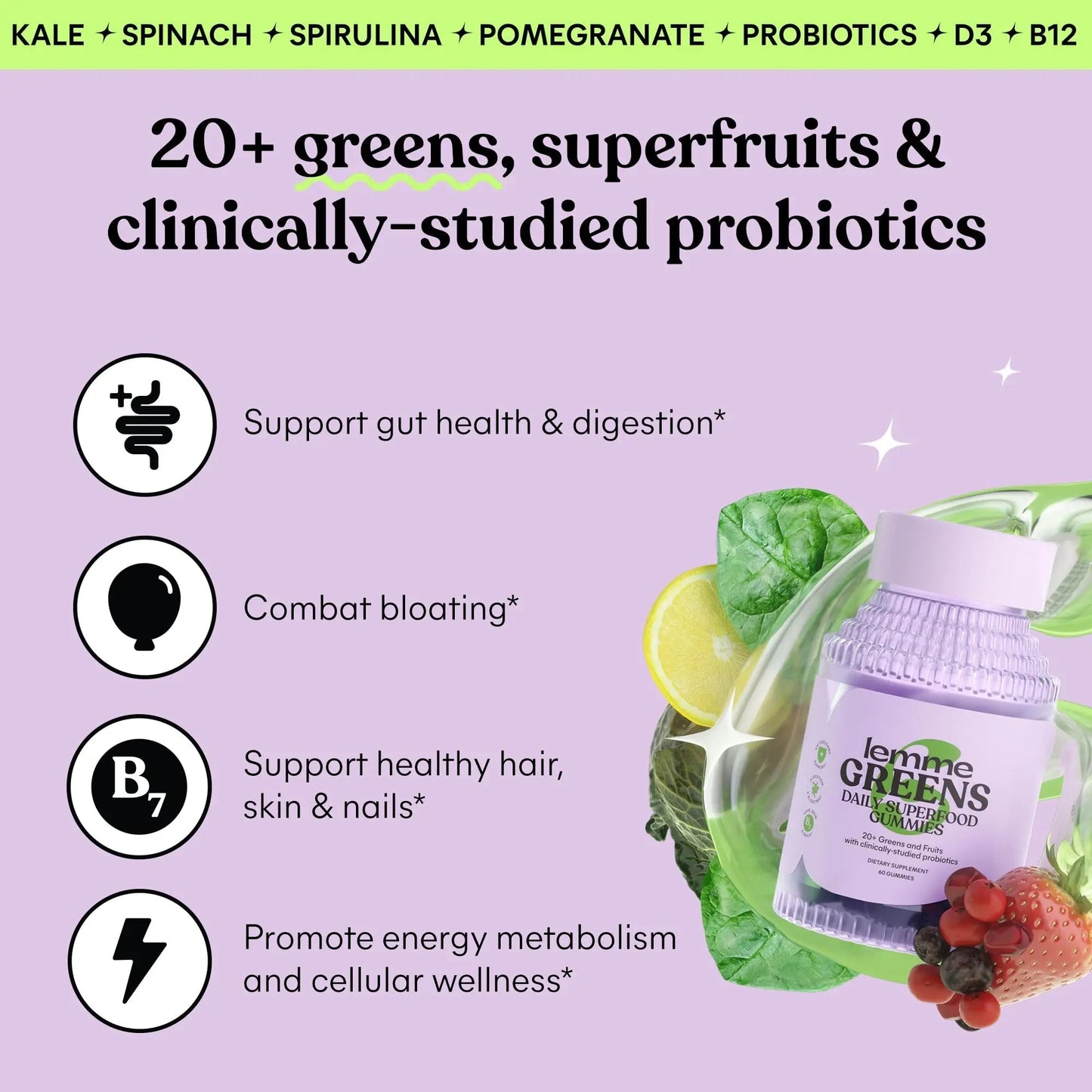 Lemme Greens Superfood Gummies w/Multi - Support Gut Health & Reduce Bloating, 20+ Organic Greens and Superfruits, Clinically Studied Probiotics, D3, B12 - Berries & Greens Flavored (60 Count) - Maple Wellness Supplements