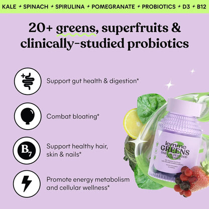 Lemme Greens Superfood Gummies w/Multi - Support Gut Health & Reduce Bloating, 20+ Organic Greens and Superfruits, Clinically Studied Probiotics, D3, B12 - Berries & Greens Flavored (60 Count) - Maple Wellness Supplements