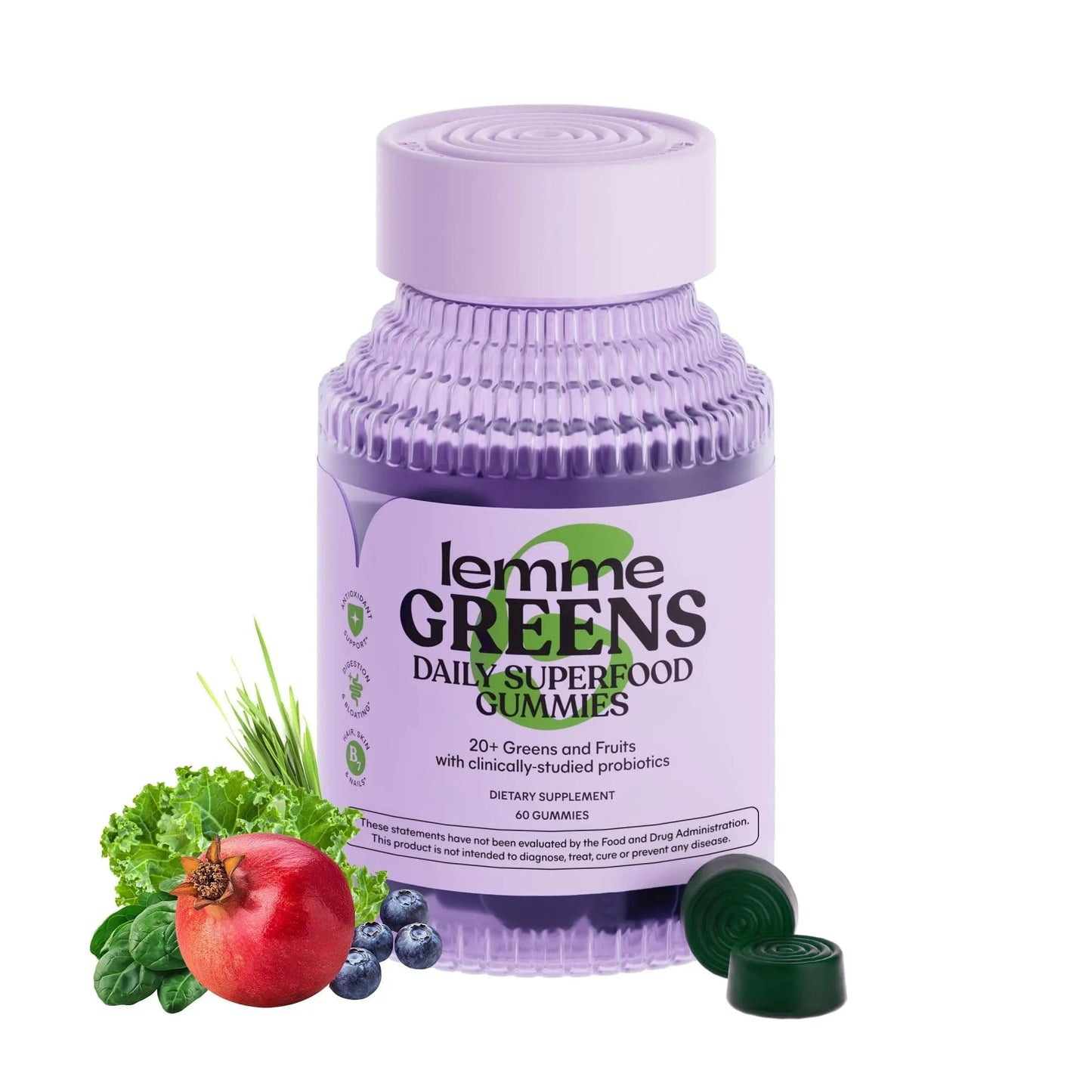 Lemme Greens Superfood Gummies w/Multi - Support Gut Health & Reduce Bloating, 20+ Organic Greens and Superfruits, Clinically Studied Probiotics, D3, B12 - Berries & Greens Flavored (60 Count) - Maple Wellness Supplements