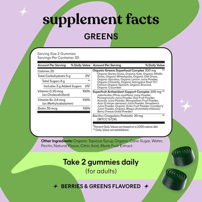 Lemme Greens Superfood Gummies w/Multi - Support Gut Health & Reduce Bloating, 20+ Organic Greens and Superfruits, Clinically Studied Probiotics, D3, B12 - Berries & Greens Flavored (60 Count) - Maple Wellness Supplements