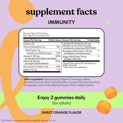 Lemme Immunity Postbiotic Gummies with Vitamin C, Vitamin D (2000 IU), Zinc, 10 Billion Postbiotic Cells, Astragalus for Immune Support - Vegetarian, Gluten Free, Sweet Orange (60 Count) - Maple Wellness Supplements