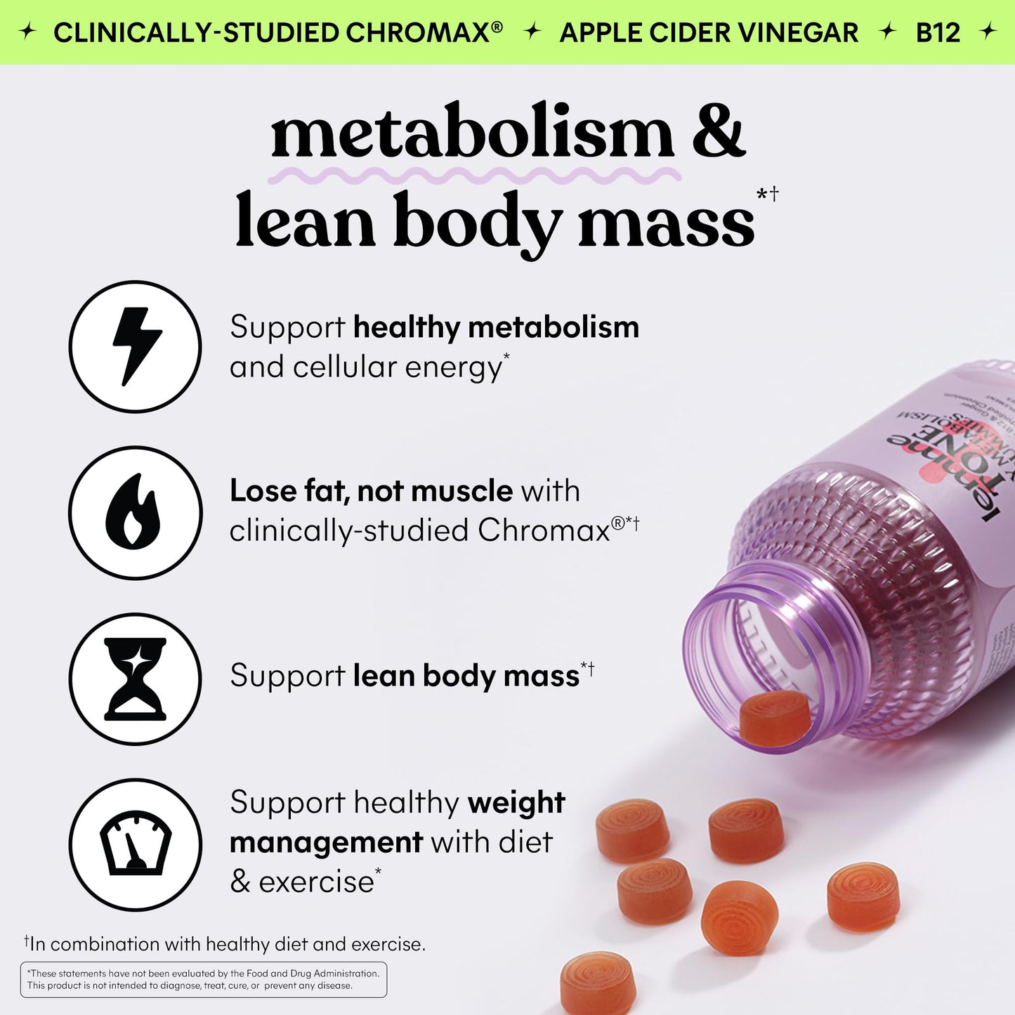 Lemme Tone Metabolism Gummies, Apple Cider Vinegar, Clinically Studied Chromium, B12, Ginger Root Extract, Promote Lean Body Mass - Maple Wellness Supplements