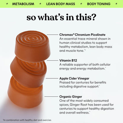 Lemme Tone Metabolism Gummies, Apple Cider Vinegar, Clinically Studied Chromium, B12, Ginger Root Extract, Promote Lean Body Mass - Maple Wellness Supplements