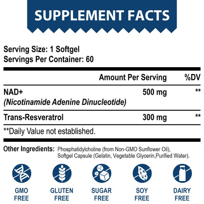 Lepoznan Liposomal NAD+ 500 mg + Trans-Resveratrol 300 mg, Superior Absorption True NAD Supplement Efficient for Cellular Energy Metabolism & DNA Repair, 60 Softgels - Maple Wellness Supplements
