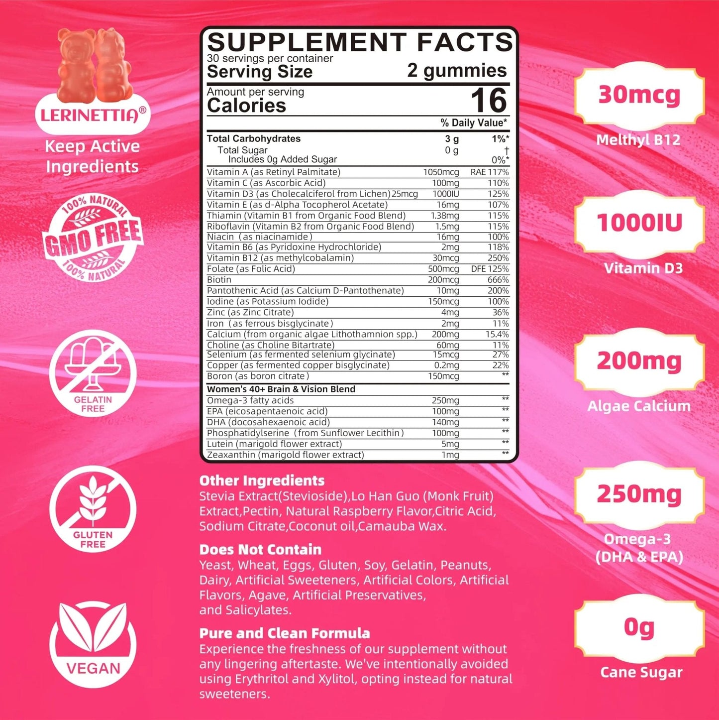 Lerinettia Multivitamin for Women Gummies for 40+ with Omega-3, Niacinamide, B-Complex, Lutein, Iron, Choline, Phosphatidylserine, Vitamin D3 - Maple Wellness Supplements