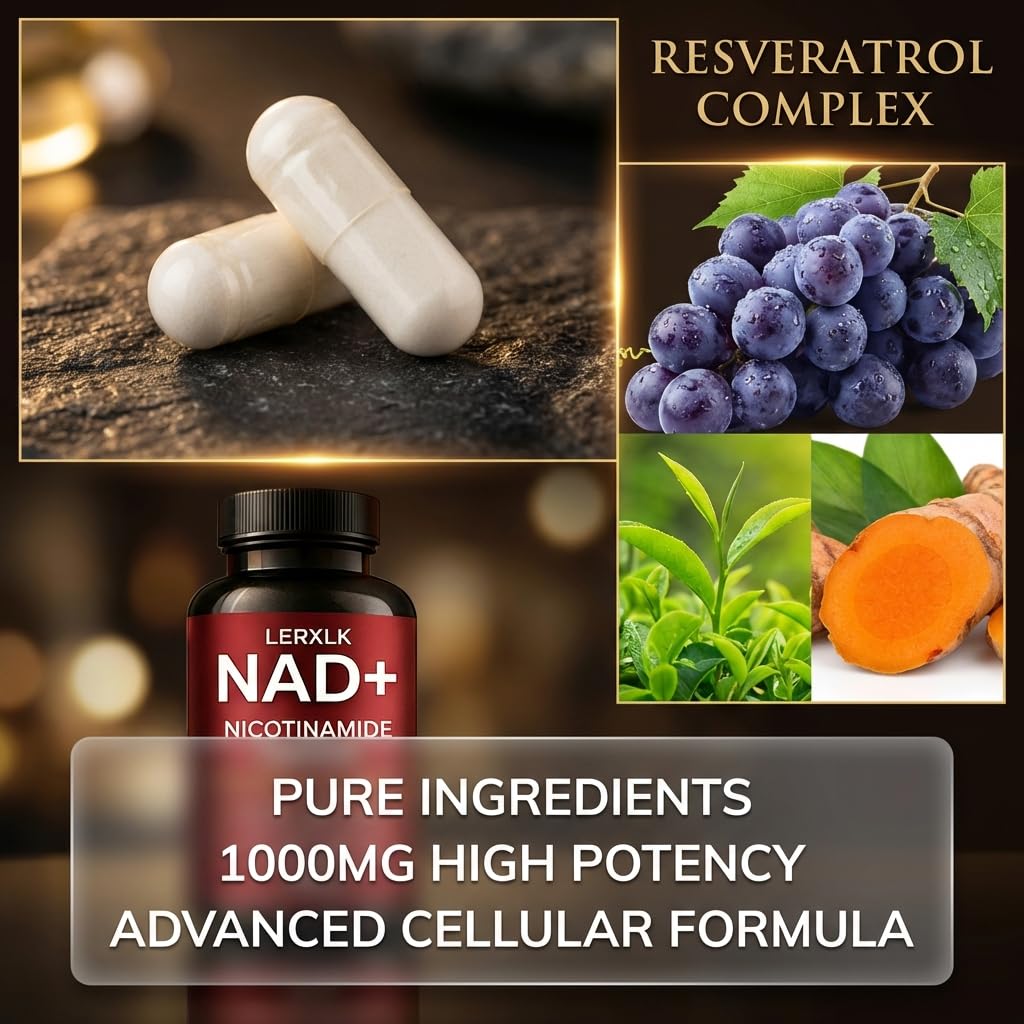 LERXLK NAD+ Supplement 1000mg – Liposomal Nicotinamide Riboside with Resveratrol, Advanced Cellular Energy & Healthy Aging Support, 60 Vegetarian Capsules - Maple Wellness Supplements