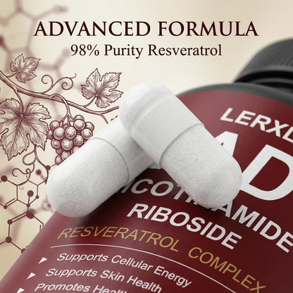 LERXLK NAD+ Supplement 1000mg – Liposomal Nicotinamide Riboside with Resveratrol, Advanced Cellular Energy & Healthy Aging Support, 60 Vegetarian Capsules - Maple Wellness Supplements