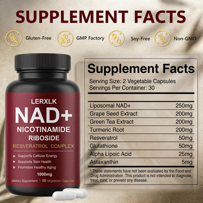 LERXLK NAD+ Supplement 1000mg – Liposomal Nicotinamide Riboside with Resveratrol, Advanced Cellular Energy & Healthy Aging Support, 60 Vegetarian Capsules - Maple Wellness Supplements