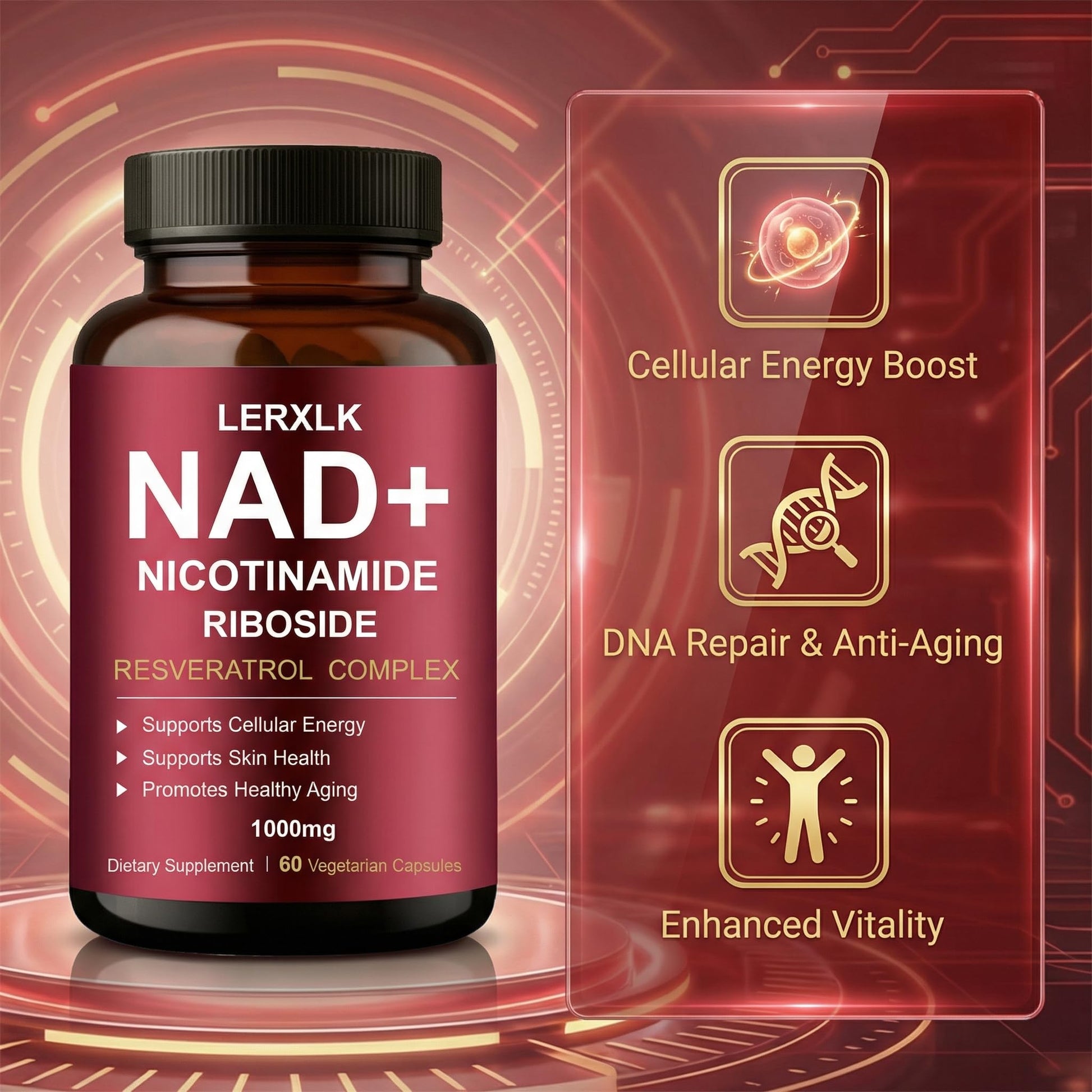 LERXLK NAD+ Supplement 1000mg – Liposomal Nicotinamide Riboside with Resveratrol, Advanced Cellular Energy & Healthy Aging Support, 60 Vegetarian Capsules - Maple Wellness Supplements