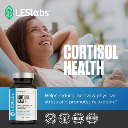 LES Labs Cortisol Health – Stress Relief, Balanced Cortisol Response, Relaxation & Deep Sleep – Phosphatidylserine, Magnesium, Magnolia Bark, Rhodiola Rosea & Ashwagandha – Non-GMO – 60 Capsules - Maple Wellness Supplements