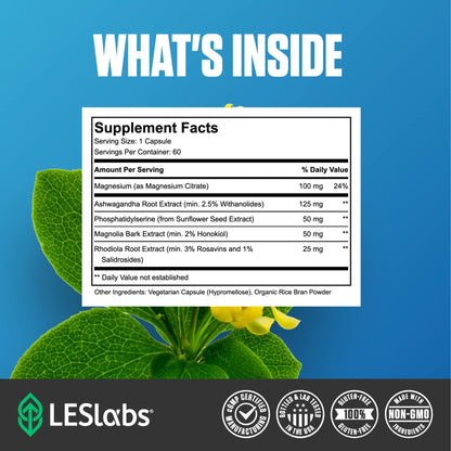 LES Labs Cortisol Health – Stress Relief, Balanced Cortisol Response, Relaxation & Deep Sleep – Phosphatidylserine, Magnesium, Magnolia Bark, Rhodiola Rosea & Ashwagandha – Non-GMO – 60 Capsules - Maple Wellness Supplements