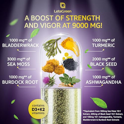 LetaGreen Irish Sea Moss Capsules – 120 Wildcrafted Sea Moss Pills with Black Seed Oil - Maple Wellness Supplements