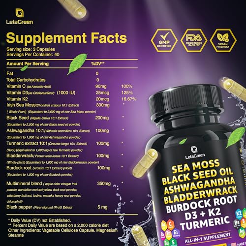 LetaGreen Irish Sea Moss Capsules – 120 Wildcrafted Sea Moss Pills with Black Seed Oil - Maple Wellness Supplements