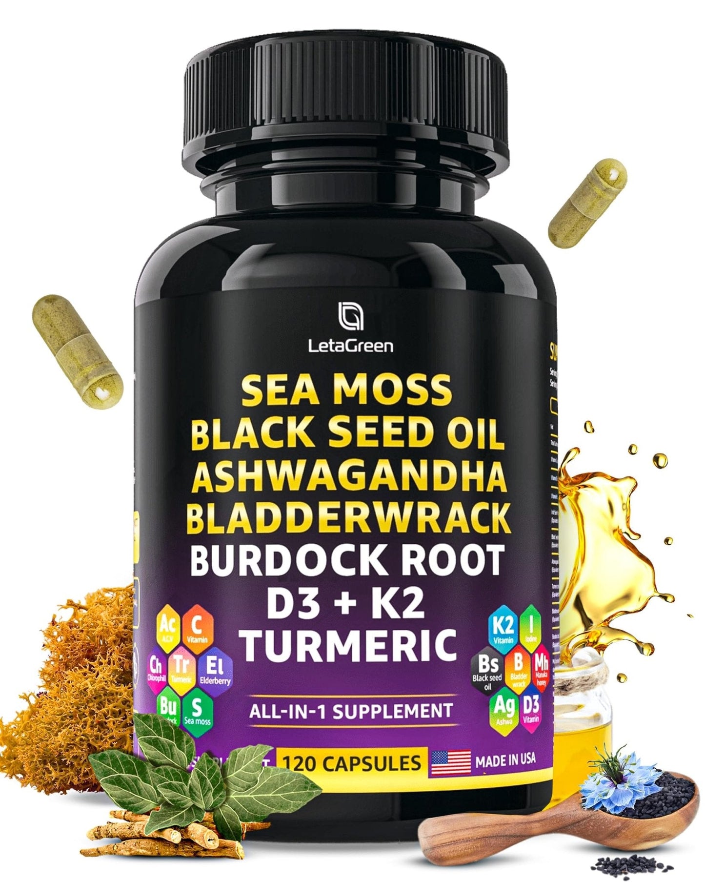 LetaGreen Ocean Wild Sea Moss Capsules - 120 Black Seed Oil Sea Moss Pills - Maple Wellness Supplements