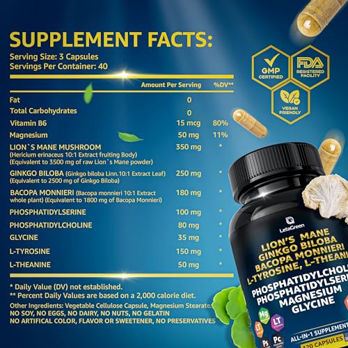 LetaGreen Organic Lions Mane Supplement Capsules - 120 Real Mushrooms Lion's Mane - Maple Wellness Supplements