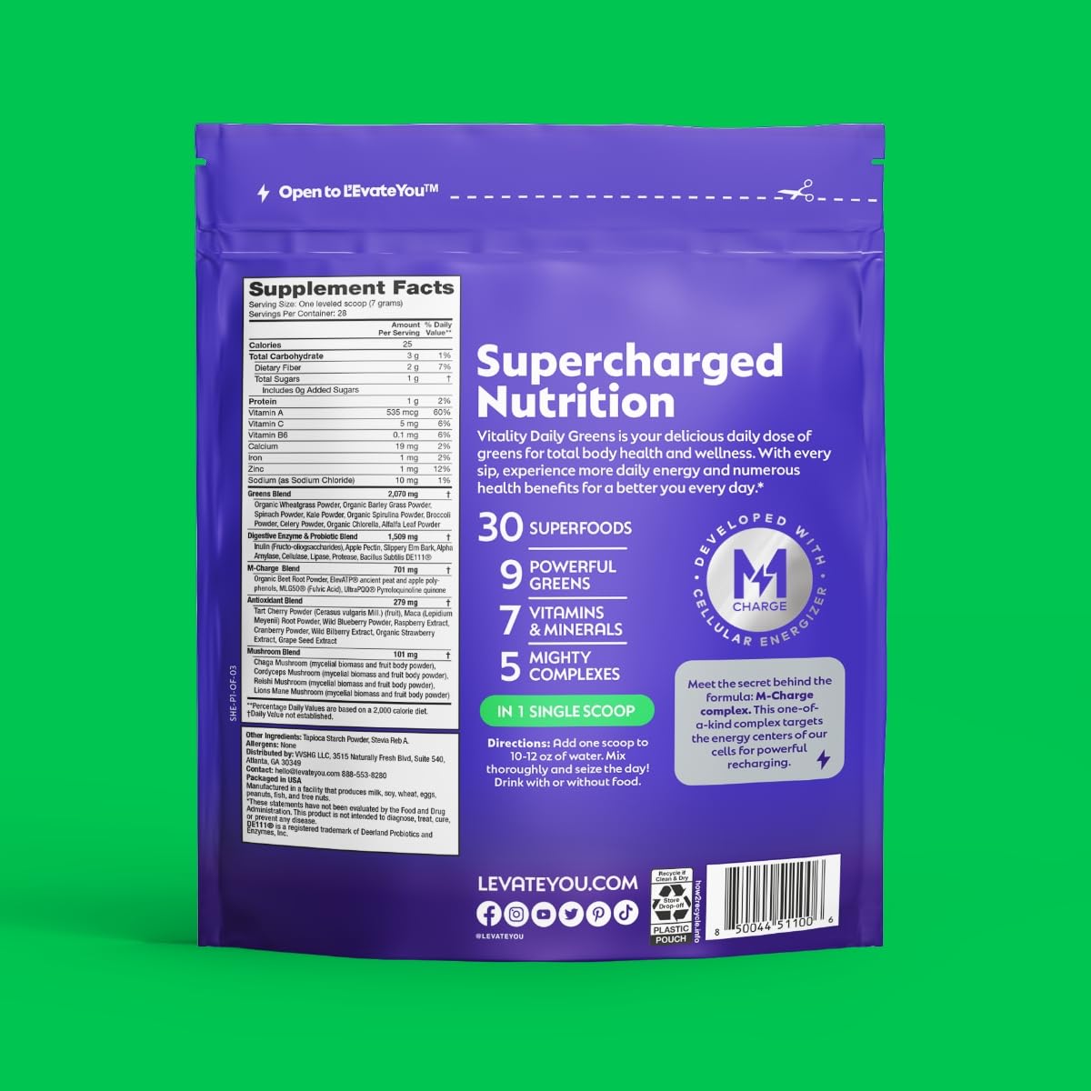 L'Evate You Vitality Daily Greens Powder (28 Servings) 30 Superfoods, 9 Greens - for a Cellular Energy Boost, Powered by M-Charge Complex for All Day Energy (Original) - Maple Wellness Supplements