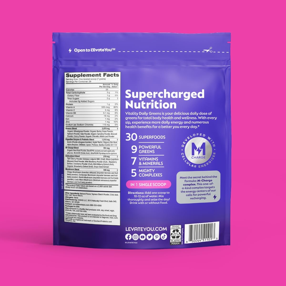 L'Evate You Vitality Daily Greens Powder (28 Servings) 30 Superfoods, 9 Greens - for a Cellular Energy Boost, Powered by M-Charge Complex for All Day Energy (Tart Cherry) - Maple Wellness Supplements