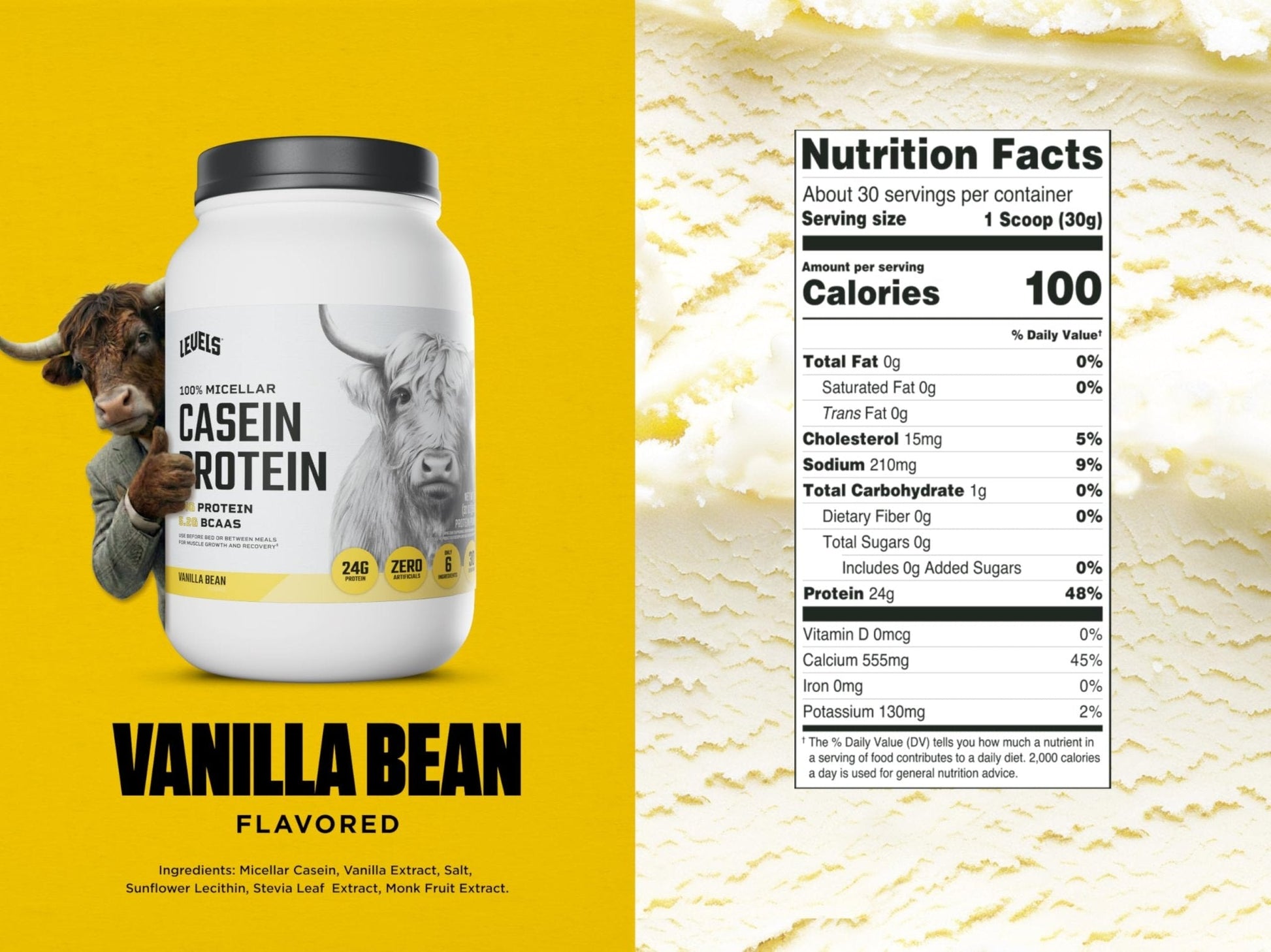 Levels 100% Micellar Casein Protein, Hormone Free, Vanilla Bean, 2LB - Maple Wellness Supplements