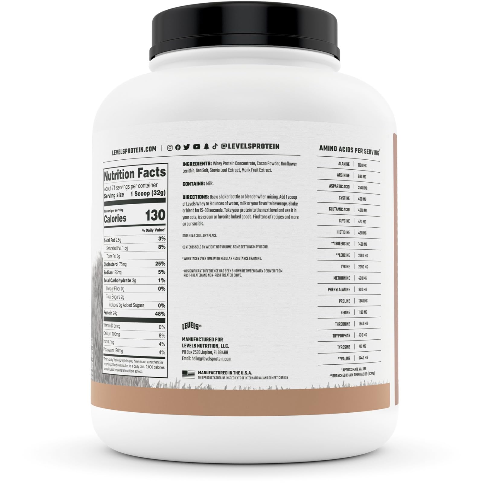 Levels Grass Fed 100% Whey Protein, No Hormones, Pure Chocolate, 5LB - Maple Wellness Supplements