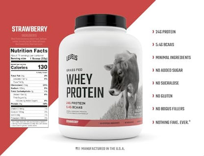 Levels Grass Fed 100% Whey Protein, No Hormones, Strawberry, 5LB - Maple Wellness Supplements