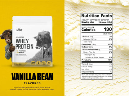 Levels Grass Fed Whey Protein Powder, No Artificials, 24G of Protein, Vanilla Bean, 1LB - Maple Wellness Supplements