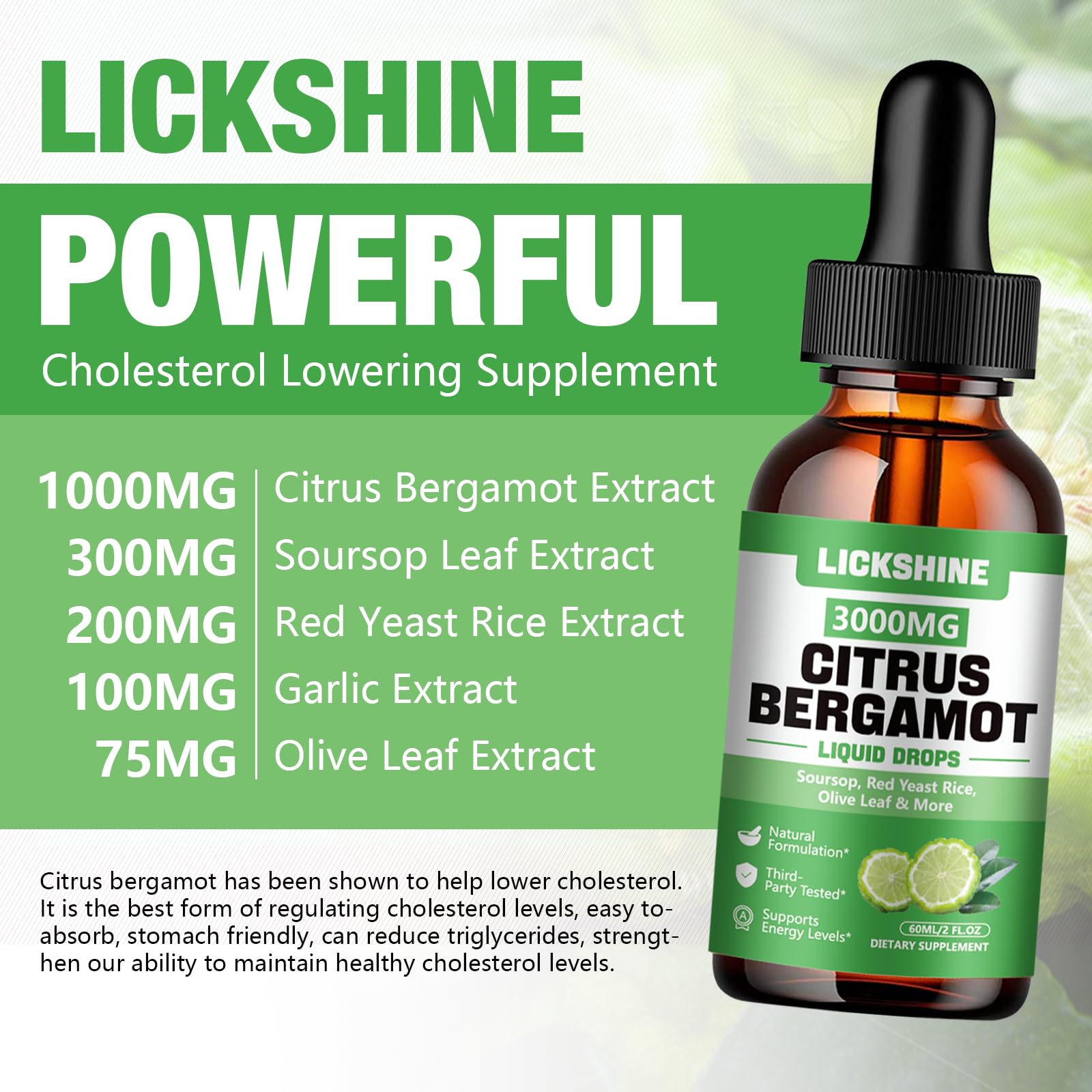 lickshine 2 Pack 3000mg Citrus Bergamot Liquid Drops - High Absorption - Cholesterol Lowering Supplement for Immune Support Anti-Aging, - Maple Wellness Supplements