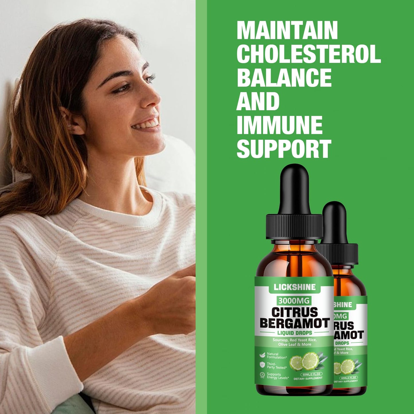 lickshine 2 Pack 3000mg Citrus Bergamot Liquid Drops - High Absorption - Cholesterol Lowering Supplement for Immune Support Anti-Aging, - Maple Wellness Supplements