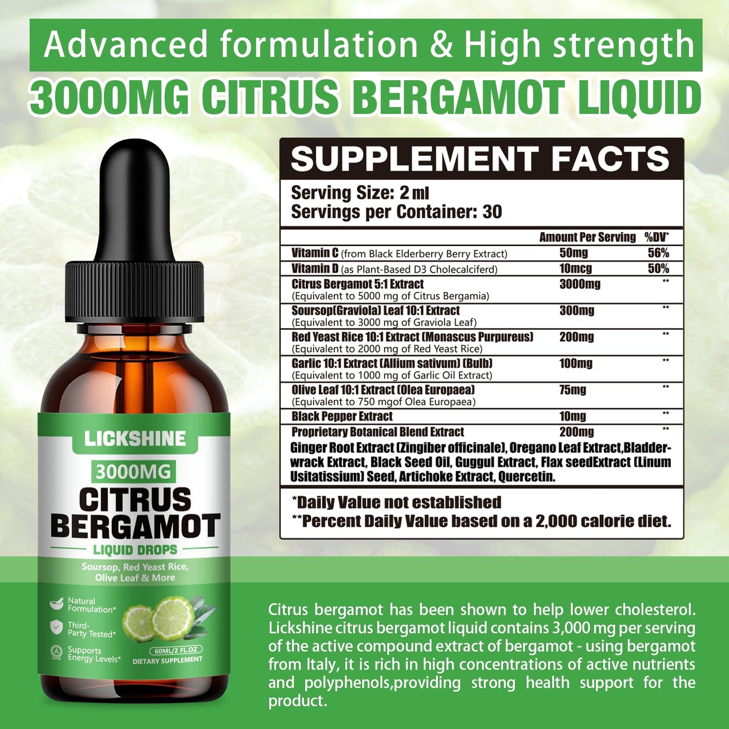 lickshine 2 Pack 3000mg Citrus Bergamot Liquid Drops - High Absorption - Cholesterol Lowering Supplement for Immune Support Anti-Aging, - Maple Wellness Supplements