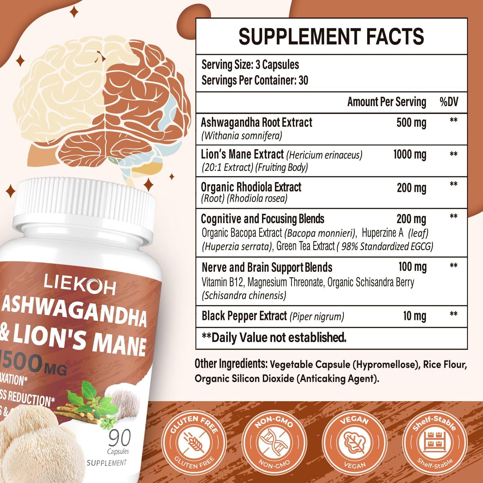 Liekoh Ashwagandha & Lions Mane Supplement Capsules, Brain Supplements for Memory and Focus, Ashwagandha Supplement with Rhodiola & Black Peppe, Cortisol Supplements for Women & Men,90 Caps - Maple Wellness Supplements