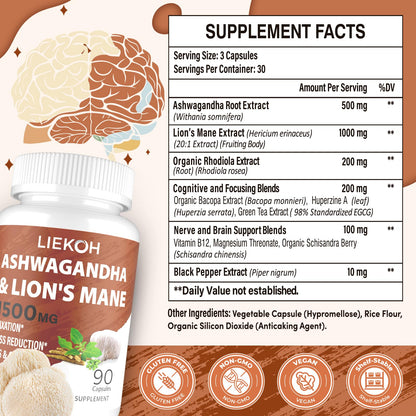 Liekoh Ashwagandha & Lions Mane Supplement Capsules, Brain Supplements for Memory and Focus, Ashwagandha Supplement with Rhodiola & Black Peppe, Cortisol Supplements for Women & Men,90 Caps - Maple Wellness Supplements