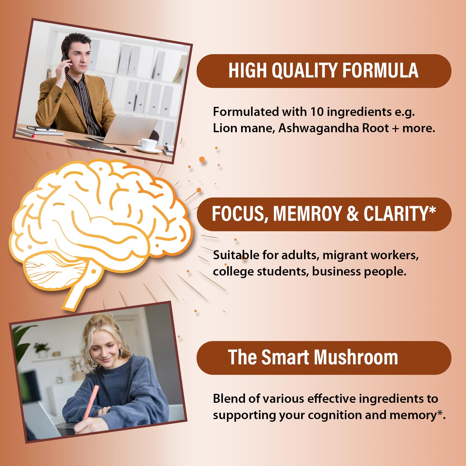 Liekoh Ashwagandha & Lions Mane Supplement Capsules, Brain Supplements for Memory and Focus, Ashwagandha Supplement with Rhodiola & Black Peppe, Cortisol Supplements for Women & Men,90 Caps - Maple Wellness Supplements