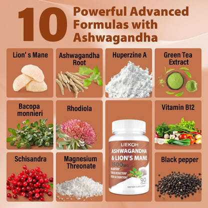 Liekoh Ashwagandha & Lions Mane Supplement Capsules, Brain Supplements for Memory and Focus, Ashwagandha Supplement with Rhodiola & Black Peppe, Cortisol Supplements for Women & Men,90 Caps - Maple Wellness Supplements