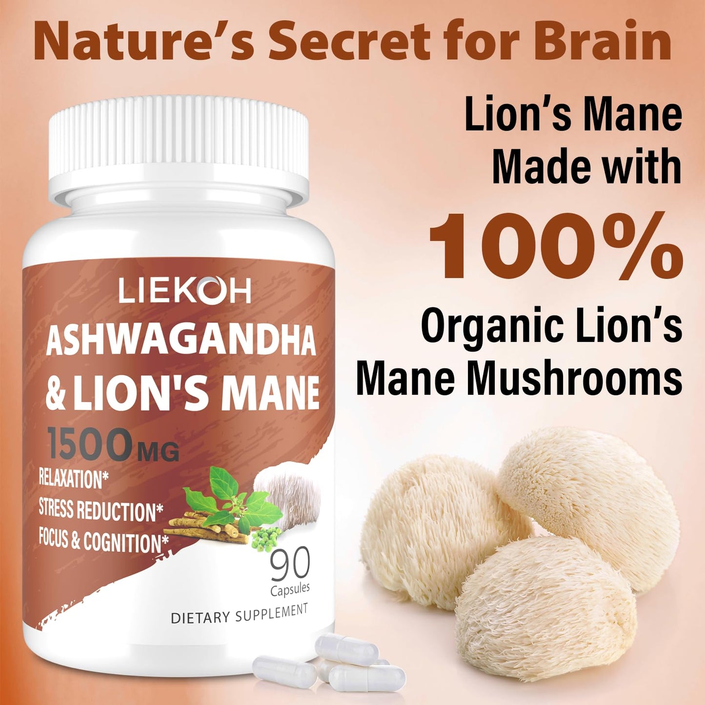 Liekoh Ashwagandha & Lions Mane Supplement Capsules, Brain Supplements for Memory and Focus, Ashwagandha Supplement with Rhodiola & Black Peppe, Cortisol Supplements for Women & Men,90 Caps - Maple Wellness Supplements