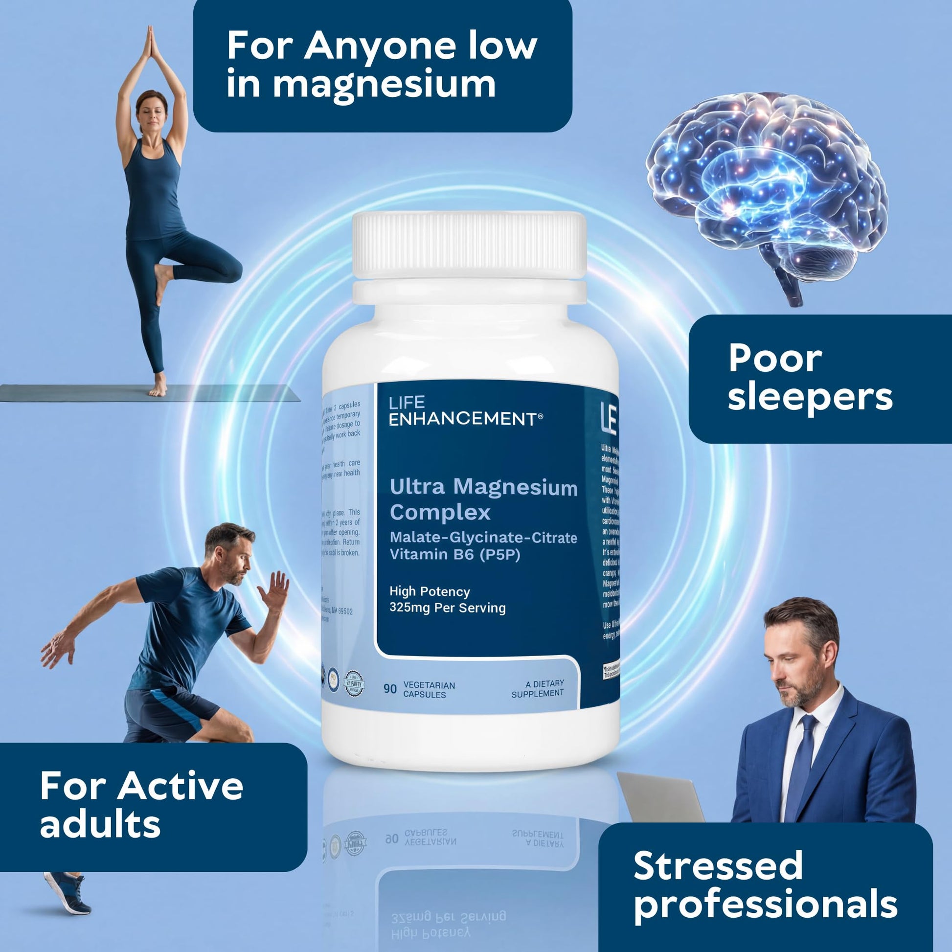 Life Enhancement Ultra Triple Magnesium Complex - 325 mg - with B6, Glycinate, Malate & Citrate - Magnesium Supplement Enhance Sleep and Brain Function - Made in USA (90 Vegetarian Capsules) - Maple Wellness Supplements