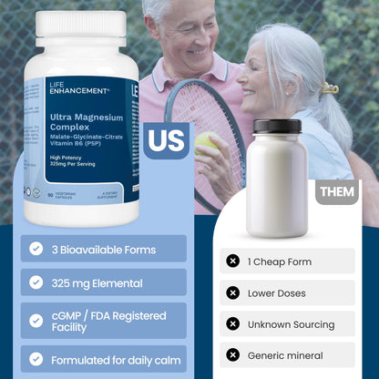 Life Enhancement Ultra Triple Magnesium Complex - 325 mg - with B6, Glycinate, Malate & Citrate - Magnesium Supplement Enhance Sleep and Brain Function - Made in USA (90 Vegetarian Capsules) - Maple Wellness Supplements