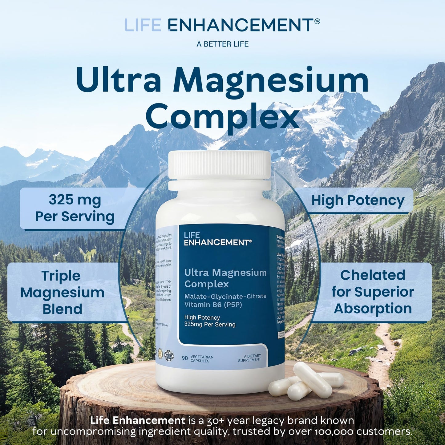 Life Enhancement Ultra Triple Magnesium Complex - 325 mg - with B6, Glycinate, Malate & Citrate - Magnesium Supplement Enhance Sleep and Brain Function - Made in USA (90 Vegetarian Capsules) - Maple Wellness Supplements