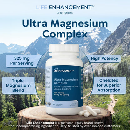 Life Enhancement Ultra Triple Magnesium Complex - 325 mg - with B6, Glycinate, Malate & Citrate - Magnesium Supplement Enhance Sleep and Brain Function - Made in USA (90 Vegetarian Capsules) - Maple Wellness Supplements