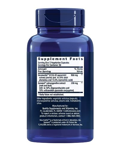 Life Extension Ashwagandha Plus Calm & Focus, ashwagandha Extract, Spearmint Extract, Focus, Attention, Relaxation, Advanced Formula, 60 Vegetarian Capsules - Maple Wellness Supplements