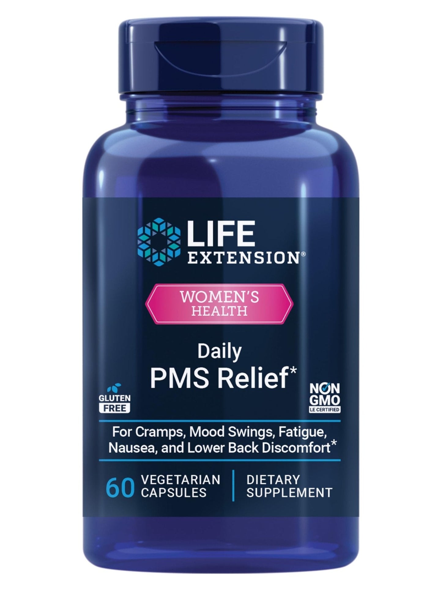 Life Extension Daily PMS Relief, Menstrual Comfort Supplement, PMS-Related Cramps, Lower Back discomfort, Mood, Ginger, Magnesium, B6, Gluten-Free, Non-GMO, 60 Capsules - Maple Wellness Supplements