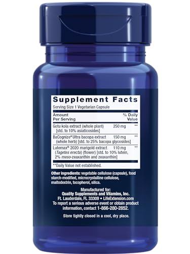 Life Extension Quick Brain Nootropic, Fast Thinking, Learning, Concentration, Lutein, zeaxanthin, gotu kola, bacopa, Gluten Free, Non-GMO, Vegetarian, 1 Daily, 30 Capsules, (Pack of 2) - Maple Wellness Supplements