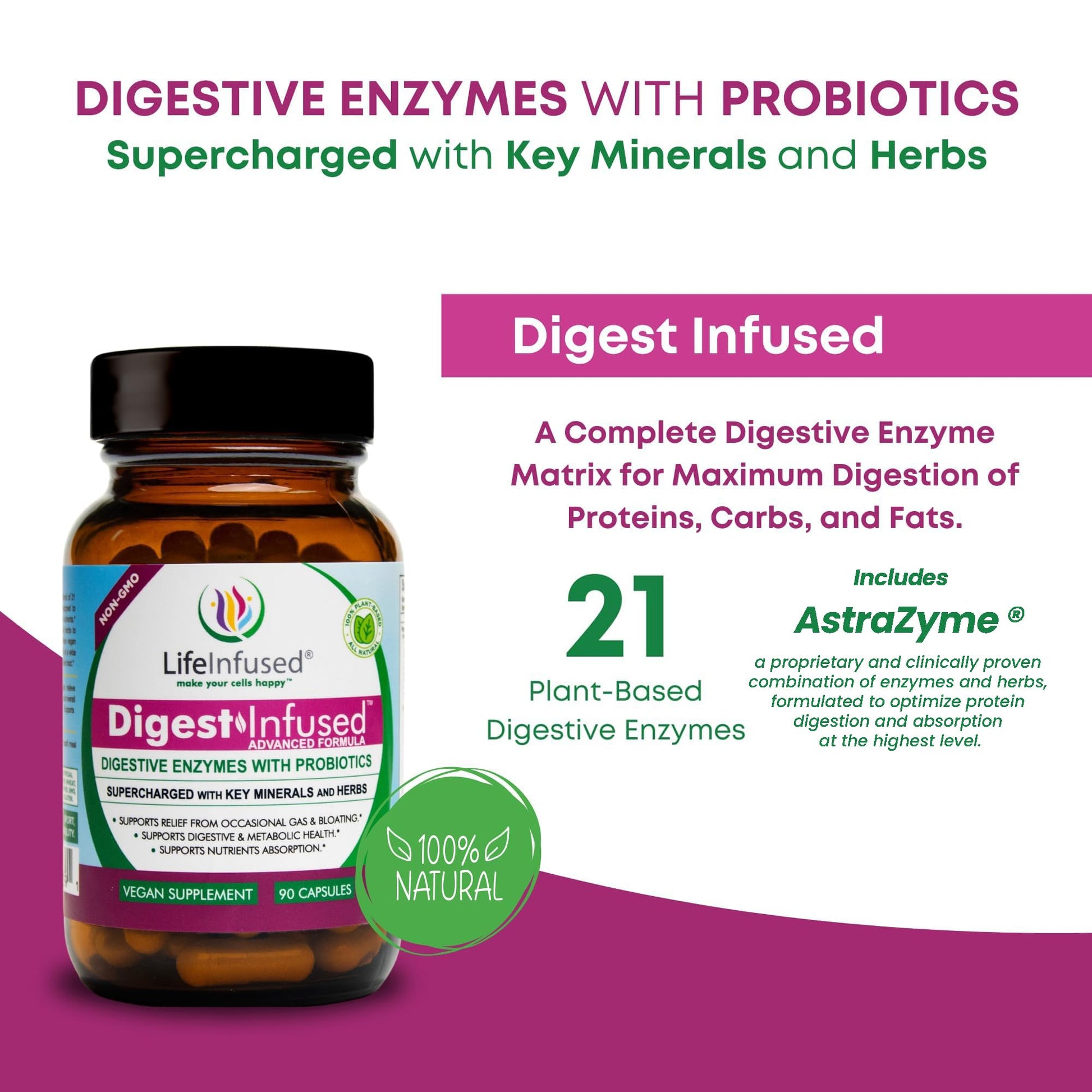 Life Infused Digestive Enzymes with Probiotics – 21 Plant-Based Enzymes with Bromelain, Papain, Amylase & Protease – Digestive Support for Gas & Bloating – - Maple Wellness Supplements