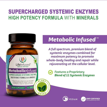 Life Infused Metabolic Enzymes – Systemic Enzyme Supplement with Serrapeptase, Nattokinase, Bromelain & Protease Blend – 72 Trace Minerals – Immune & Circulation Support – Vegan, Non-GMO – 90 Capsules - Maple Wellness Supplements