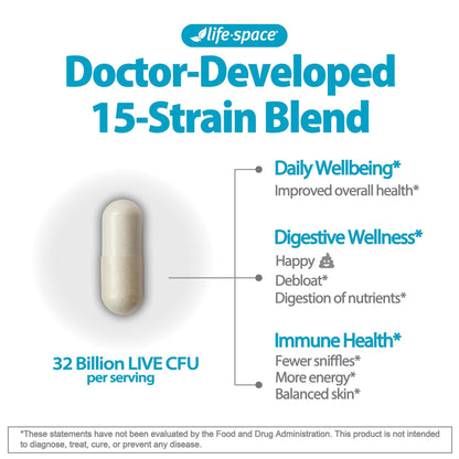 Life-Space Premium Broad Spectrum Probiotics, 2 Month Serving, 32 Billion CFU & 15 Diverse Strains, Formulated for Daily Digestive Health & Immune Health, - Maple Wellness Supplements